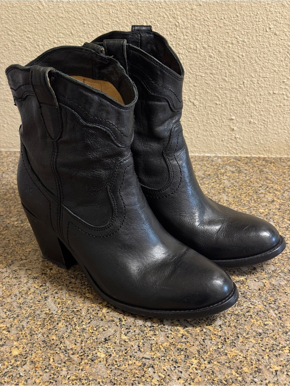 Frye Black Leather Ankle Western Booties
